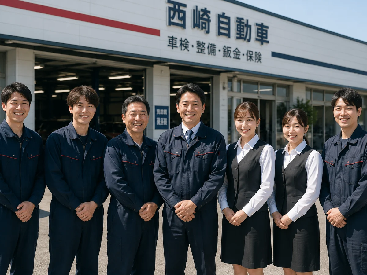西崎自動車の店舗前に並ぶスタッフ